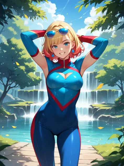 score_9, score_8_up, score_7_up, score_6_up, ((cartoon_style)), (Vivid_colors), ((dynamic_pose)) | a colorful park filled with trees ,  s playing and a clear blue sky . |  a teenage heroine wearing a superhero uniform in shades of red and gold, com uma cap...