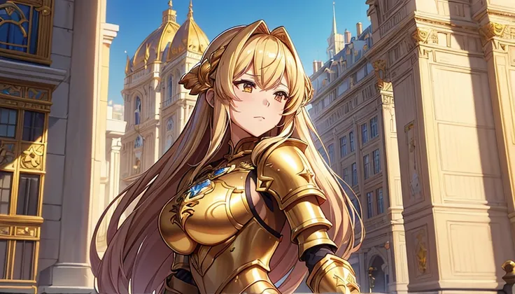 a woman in a gold outfit standing in front of a building, C cup bust size, a character portrait inspired by Li Chevalier, pixiv contest winner, fantasy art, portrait knights of zodiac girl, knights of zodiac girl, gorgeous female paladin, detailed anime ch...