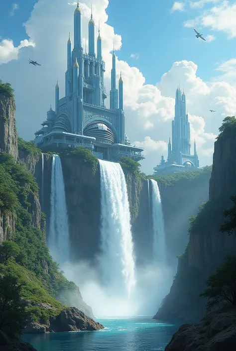 Huge castles and skyscrapers floating in the sky Cyberpunk Isekai Fantasy Top Quality Ultra High Definition Utopia 8K Giant Waterfall Mother Nature