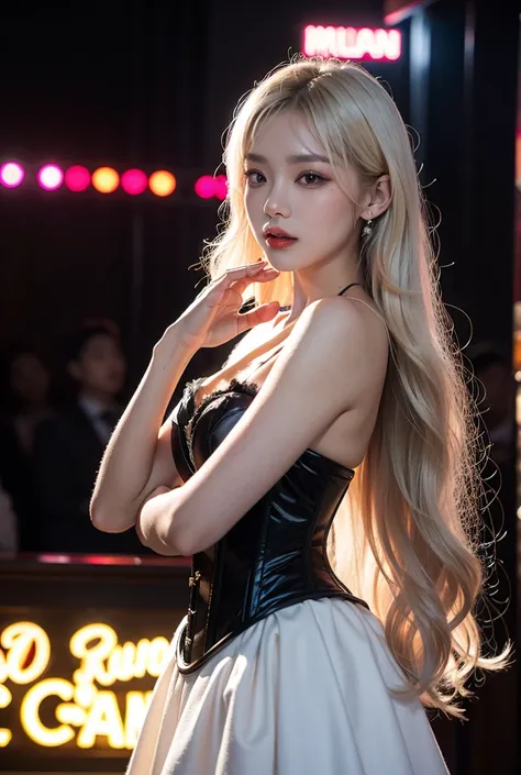 A large Moulin Rouge style nightclub ,  with a large stage , feathers,  red velvet curtains , neon lights, mirrors and smoke , distracted poses, with your hand in your hair ( a Chinese woman sui he , 22 years old,  super long platinum blonde wavy hair, min...