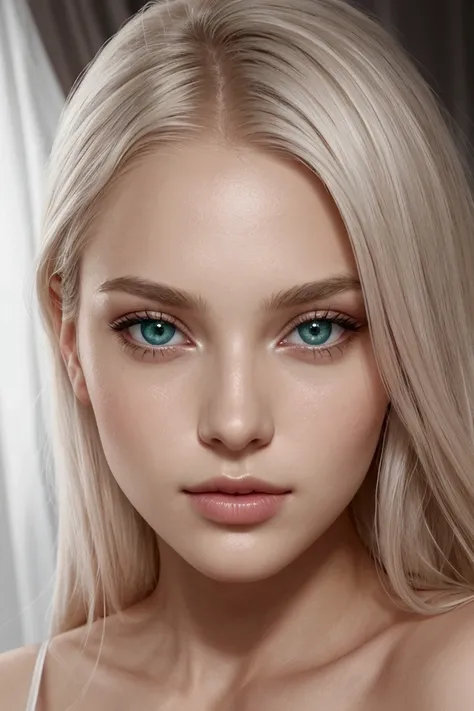  The image is impressive !  With a symmetrical and delicate face ,  the young woman in the image presents a captivating and ethereal beauty .  Your platinum blonde hair falls perfectly aligned , bright and silky,  framing your face softly .  Her large and ...