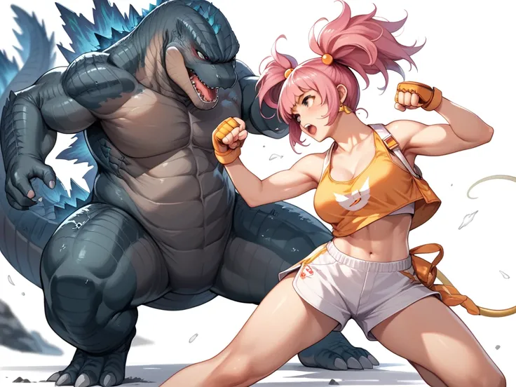 Two beautiful fighters , Each one hits the others body with their fists, chica estilo anime, green hair with 2 pigtails , Breasts 34C, With Godzillas tail, fighting, chica estilo anime,  pink hair, loose hair, With Godzillas tail,  white background