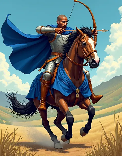 Manga style illustration, black man, shaved hair, Young,  brown eyes . using medieval armor, with royal blue cape , carrying bow and arrow .  full body,  riding a horse 
