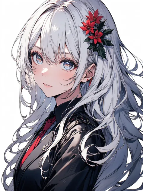     paint a black and white world 、   Long hair in the background     ，    high ponytail ， 、 Hair that shines white，Remove the rest of the hair  ，  The white gradient hair  、    1 girl，Plain white background，Shining White Eyes ， red eyeshadow   、   the bri...