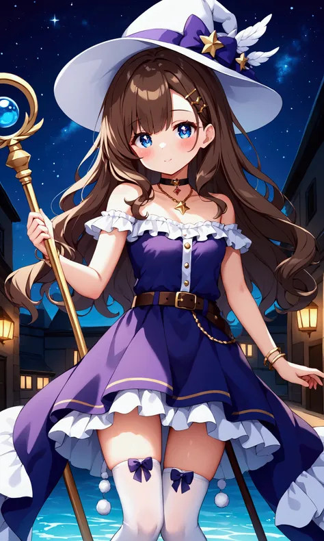 masterpiece++, best quality++, sweet++, beautiful++, small++, (full color)+, city street++, (fantasy city)++, (starry sky), ++, cute girl+, cute dark purple dress+, (long knee-length skirt), expressive beautiful blue eyes++, (pupils are shaped like white s...