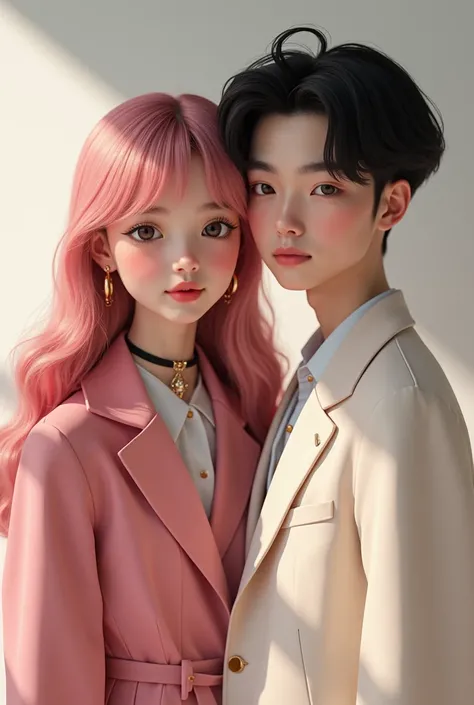 Make a realistic photo of a young Asian girl with long, wavy pink hair with bangs with a young Asian boy with black hair and they both wear pretty black clothes