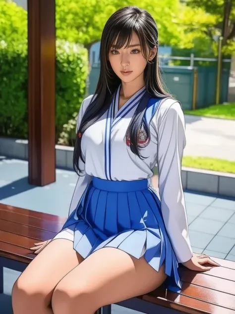  a blue Asian woman in a white uniform posing on a bench,  Japanese high school girl uniform ,  Japanese school uniforms,  Japanese school uniformsを着ている,  the principal is wearing a uniform  , 超  REAL SCHOOLGIRLS  , a hyper  REAL SCHOOLGIRLS  ,  in a stric...