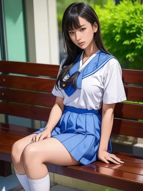  a blue Asian woman in a white uniform posing on a bench,  Japanese high school girl uniform ,  Japanese school uniforms,  Japanese school uniformsを着ている,  the principal is wearing a uniform  , 超  REAL SCHOOLGIRLS  , a hyper  REAL SCHOOLGIRLS  ,  in a stric...