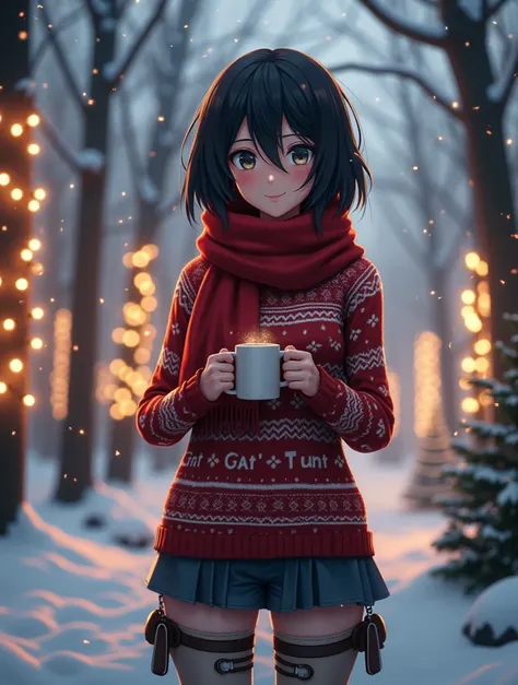 Image of Mikasa Ackerman of the Attack on Titan anime celebrating Christmas