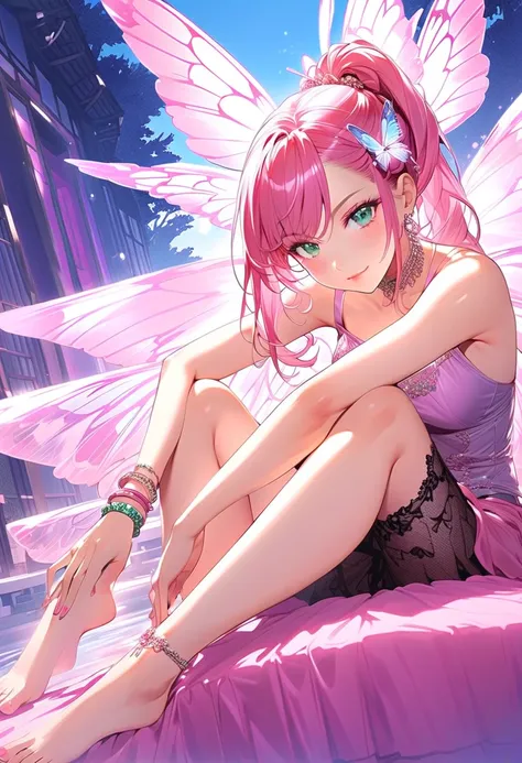 The character features a woman with bright pink hair tied in a ponytail decorated with silver ornaments and crystal butterfly wings. Her face is firm, seductive pink lips, with shining sharp green eyes and subtle pink makeup all around., bangs, Hair access...