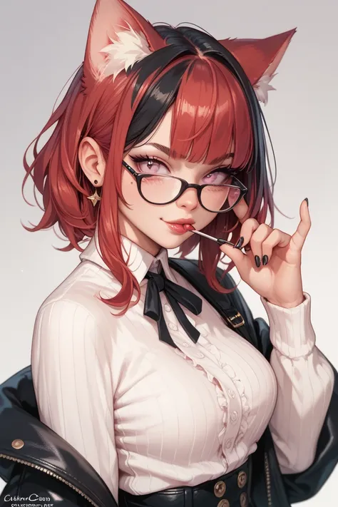 A nerdy Catgirl wearing glasses with pink eyes and long red hair with black highlights wearing dominant clothes