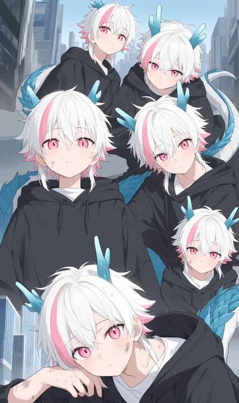 1boy,Pink Eyes,dragon horns on side of head,white hair,white ends of hair,muliticolored hair,looking at viewer,cute boy,white shirt,city,Anime, Anime Style,13year old boy,dirty clothes,dragon tail,dragon scales on shoulder,oversized black hoodie, multiple ...