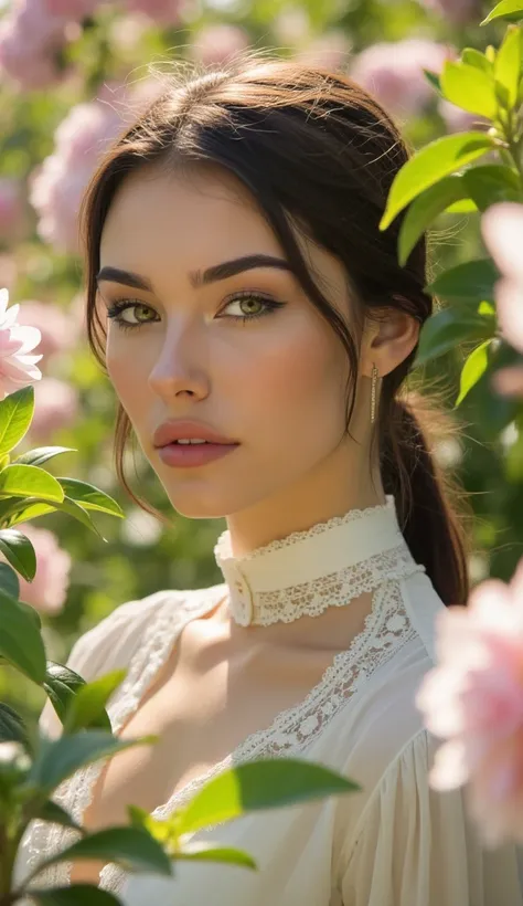 woman, heavy makeup, direct eye contact,  close-up portrait of a woman standing in a sunlit garden, her face framed by blooming flowers. She wears a high-collared white blouse with delicate lace trim. The soft sunlight highlights her gentle features and th...