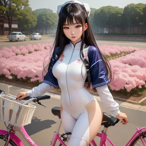 Araf woman in white bodysuit standing next to bicycle,  beautiful Chinese model , beautiful  Asian girl , Chinese girl,  Japanese Model ,  Asian girl , Sexy girl,  Cute girl , , หญิง Asian girl ที่สวยงาม,  beautiful korean girl, Beautiful model,  beautiful...