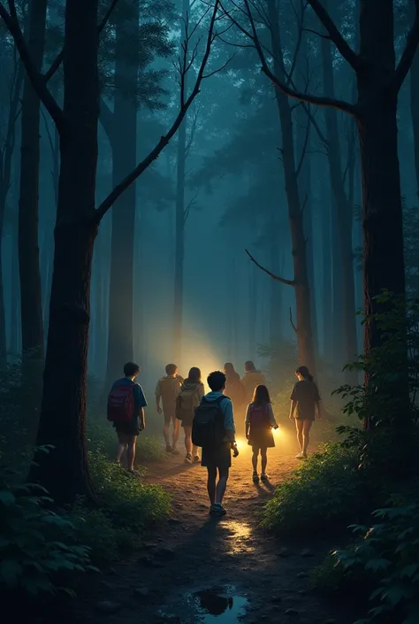 Groups of young people with flashlights in the forest at night 