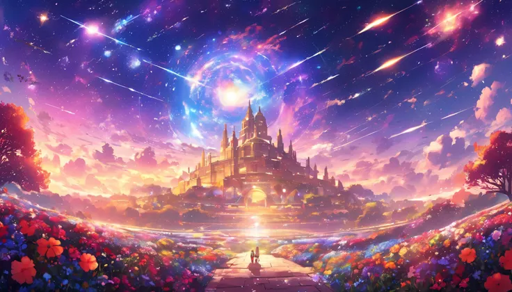  Masterpiece,  concept art, panorama, in the center, cipher, plano general, flower garden, Evening, (meteorites),  Space Galaxy Background, (Magnificent composition , epic proportions),  dynamic lighting ,  bright colors, bell,landscape