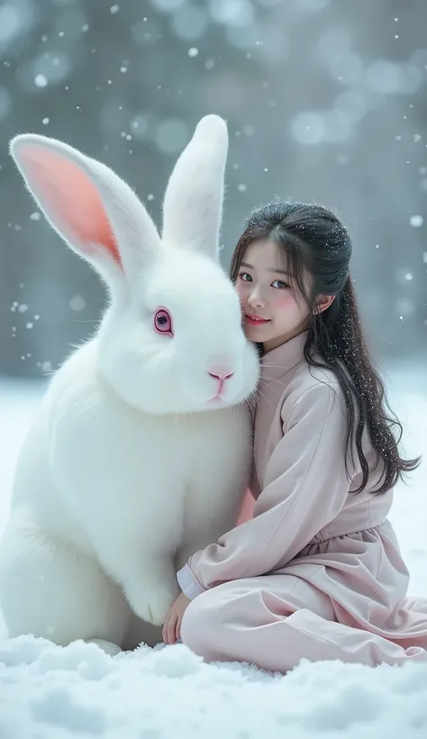 Create a Very Very Beautiful Unreal Beauty Japanese Young 20 year Woman Sitting With A Giant Rabbit On Snow, Giant Rabbit Head Touching Young Teenage Woman, Pink Eyes, Long Hairs, Beautiful White Skin, Unreal Skin, Cute Face, Chinese Culture Dress, Snow Fa...