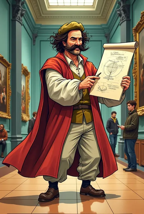 A comical, comic-style illustration of a humorous man standing in a museum, attired as Da Vinci, holding an open sheet of paper. 