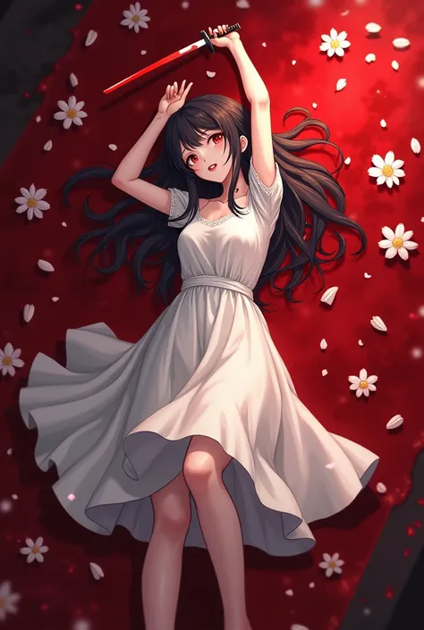 creepy art, Anime woman in a white dress lies in a pool of blood, stretching out his right hand to the top, he holds the katana by the handle in it, looking at the bloody blade,  there are many petals and buds of white flowers scattered around the girl, bl...