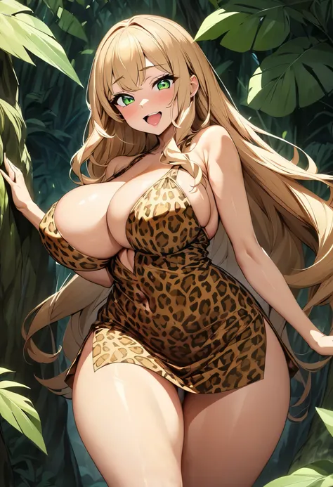  masterpiece,  best quality , extreme Detail,  Young woman posing sexy alone in the middle of the jungle, Young woman wearing a tight CAVE WOMAN DRESS, (Leopard print ), Young woman has extremely huge breasts, (90H) ( wide hips ), Young woman is slim, Youn...