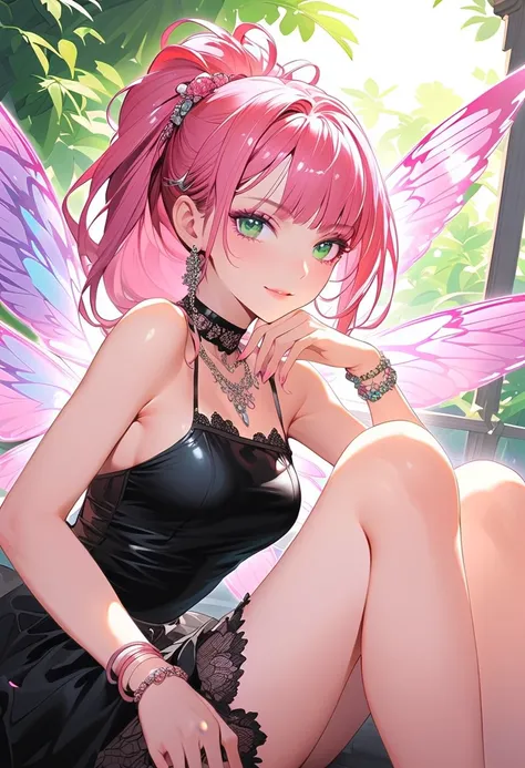 The character features a woman with bright pink hair tied in a ponytail decorated with silver ornaments and crystal butterfly wings. Her face is firm, seductive pink lips, with shining sharp green eyes and subtle pink makeup all around., bangs, Hair access...