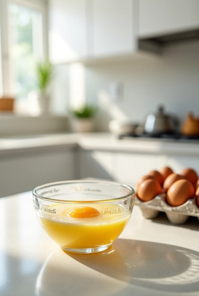 kitchen countertop, there is a glass bowl with beaten eggs on the table, eggs are in the tray next to it, high-quality photo of 18k, the background is a bright kitchen