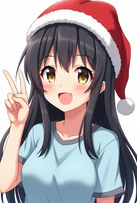 Male anime girl long black hair Christmas hat light blue t-shirt gray shirt smile looking at the camera with her hand✌🏻