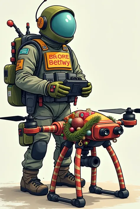  Glues in ,  equipment on the bulletproof vest is written positive The connecting rod controls an fpv drone that is decorated with Christmas toys in the style of a cartoon 