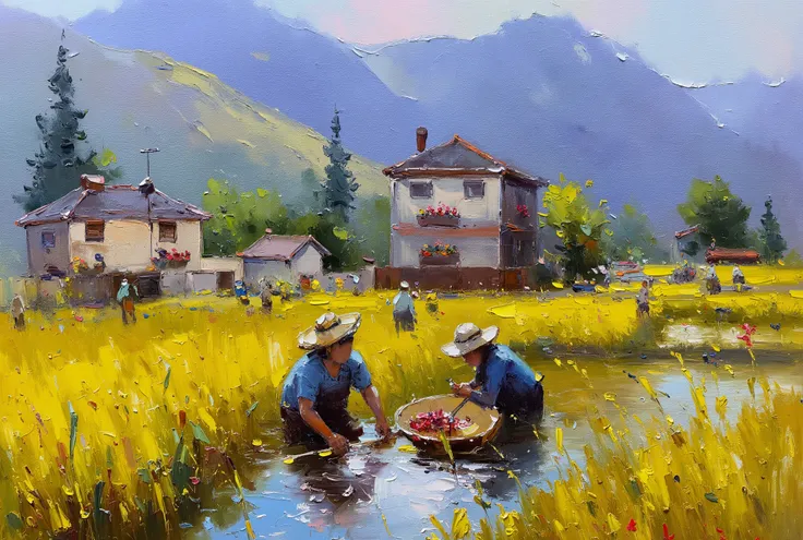  Painting made with a spatula , FIRST WORK, Provence two workers working on the rice harvest,  in the background mountains and typical houses of the region with flowers in flower boxes.