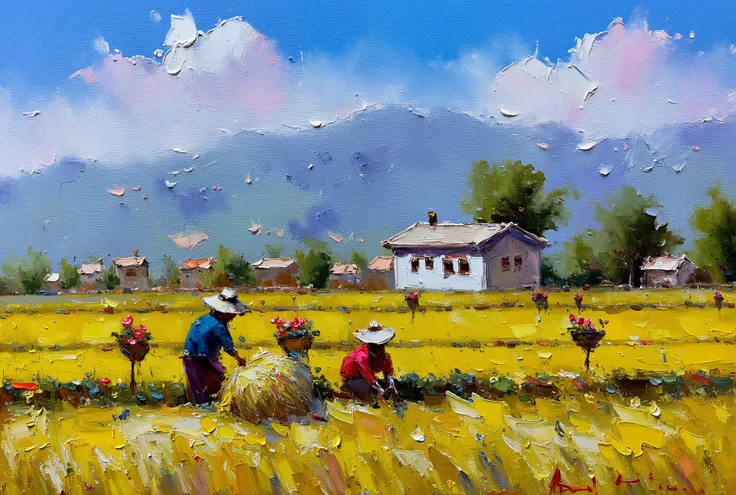  Painting made with a spatula , FIRST WORK, Provence two workers working on the rice harvest,  in the background mountains and typical houses of the region with flowers in flower boxes.