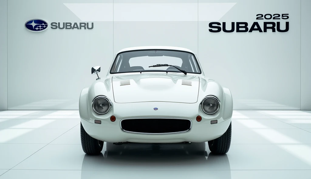 A full attractive hd photos new 2025 Subaru 360 Retro: white color of exterior. A white shiny showroom background logo on the wall. A  with front view of vehicle.

INFO