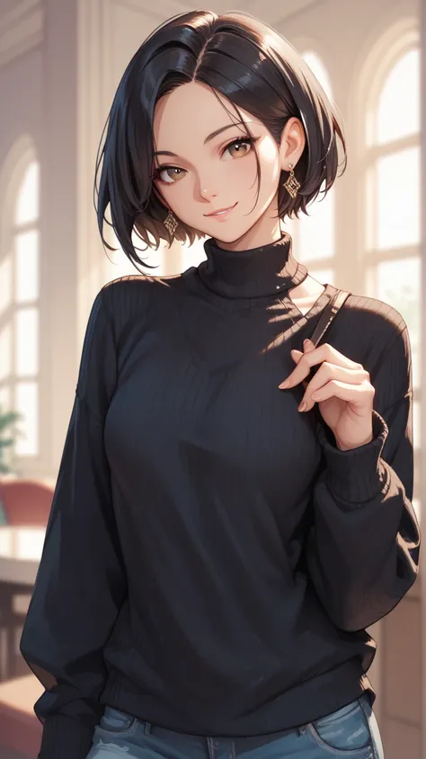 1girl, Solo, Short Hair, Black Hair, Parted Bangs, Earrings, Brown Eyes, Light Smile, A Black Sweater