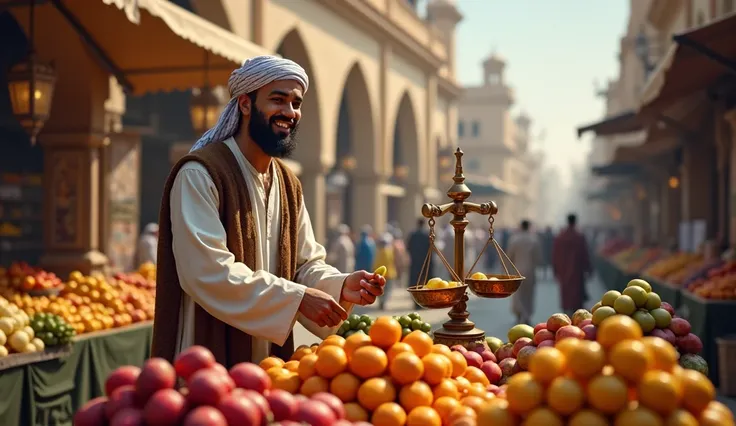 muslim man is selling fruits by weighing scales in the market 