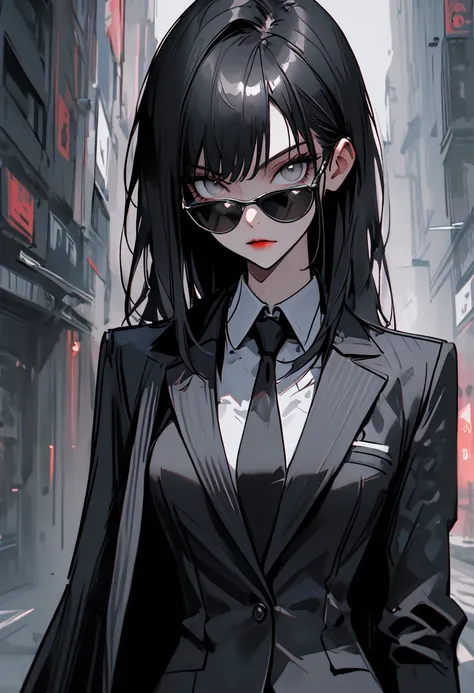 solo, female, long, straight black hair, grey eyes, tall, svelte, neat business suit, pencil skirt, long coat, stoic, handgun:0.8, sunglasses, bank robber, close up, medium shot, 