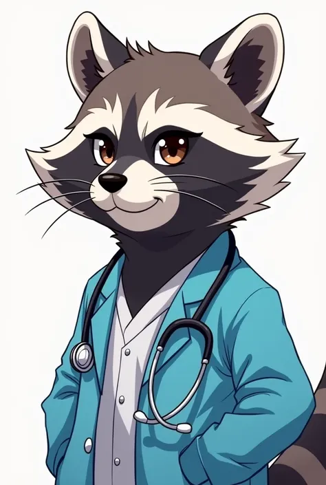  A raccoon in a blue doctors coat that can only be seen from his torso and face, like a profile picture , all this in anime style.