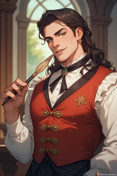 Drawing of a man, adult man, Beautiful, tall, neat stubble, Asian, foxy, sly look green asian eyes, black long hair, medieval red vest, aristocratic white frill, evil character
