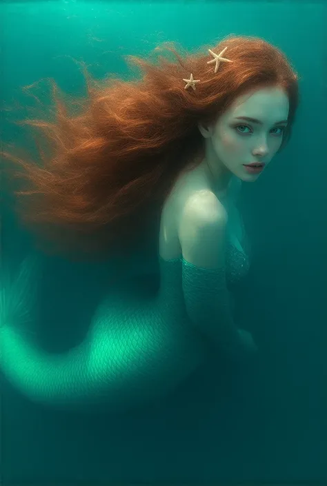  Create a mermaid with long hair and red hair , beautiful with a face and big eyes .  Green tail and shells on her breasts ,  with starfish adorning her hair and swimming in the sea
B