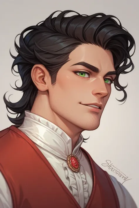 Drawing of a man, adult man, Beautiful, tall, neat stubble, Asian, foxy, sly look green asian eyes, black medium length hair, medieval red vest, aristocratic white frill, evil character, slim, aristocratic body
