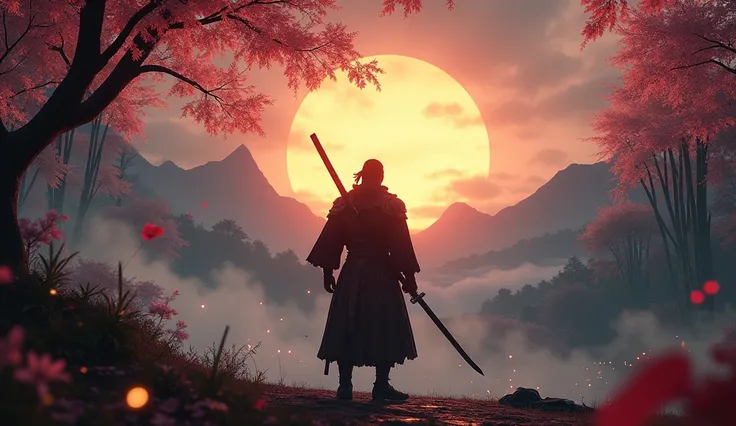 "Create a visually striking and cinematic thumbnail for a Ghost of Tsushima gameplay stream. Center Jin Sakai in his Ghost armor, holding his katana in a dramatic combat stance. The background showcases a hauntingly beautiful Japanese landscape, featuring ...