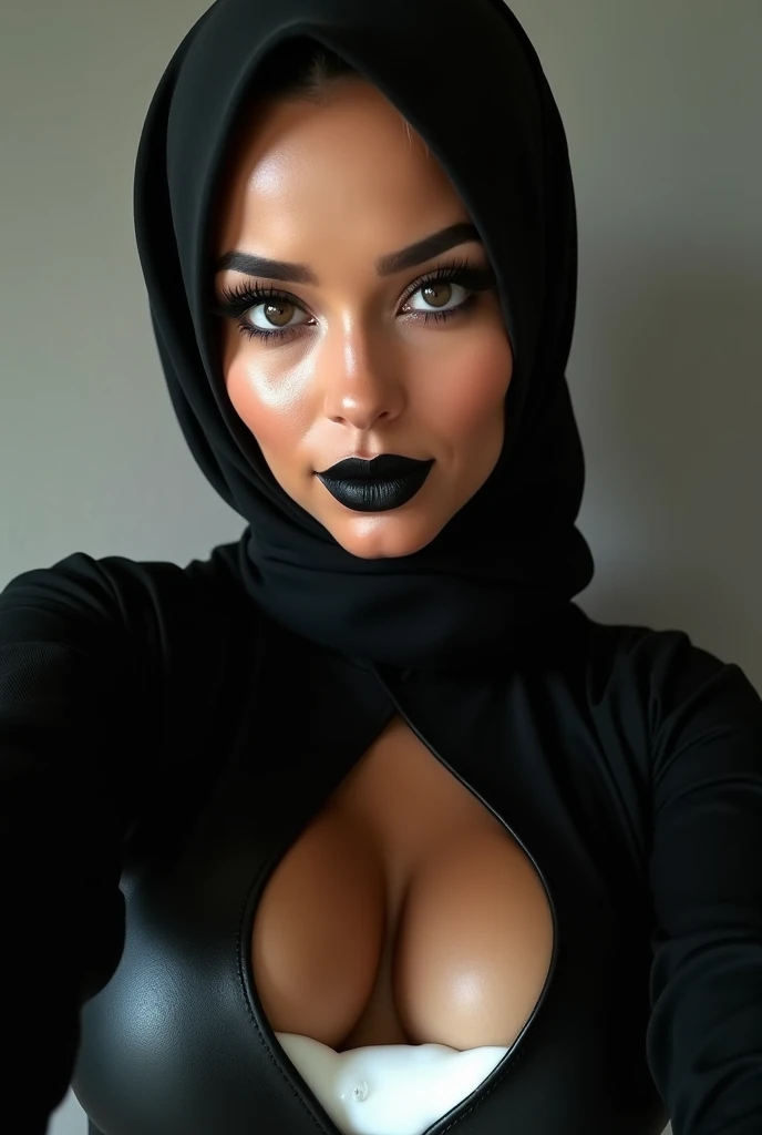 Hijabi beautiful black lips black eyeliner woman juicy face low-cut leather corset big breast milk is flowing between her tits selfie