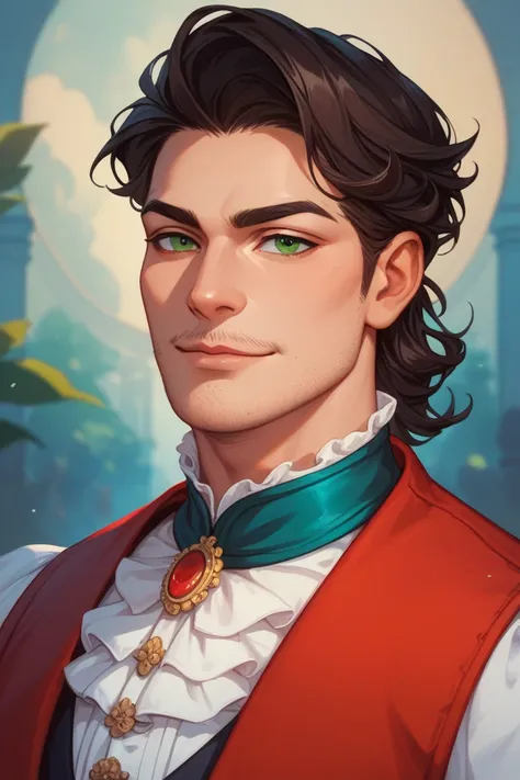 Drawing of a man, adult man, Beautiful, tall, neat stubble, facial hair,  Asian face, foxy, sly look green asian eyes, black medium length hair, medieval red vest, aristocratic white frill, evil character, slim, aristocratic body
