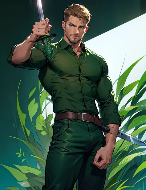 1 man, male focus solo,45 yo man,Stephen AMELL as green arrow,  lean muscle, ((open dark green shirt, dark green jeans with brown belt)) ,(( big bulge)), full body shot, dark blond short hair, well groomed facial hair, (((holding a sword with one hand, poi...