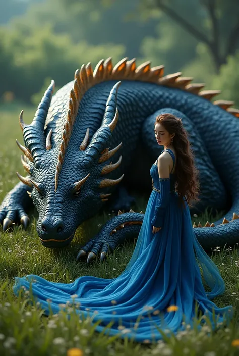 Dark blue, gold and black dragon sleeping on the grass with a woman with brown hair in a blue dress leaning next to him