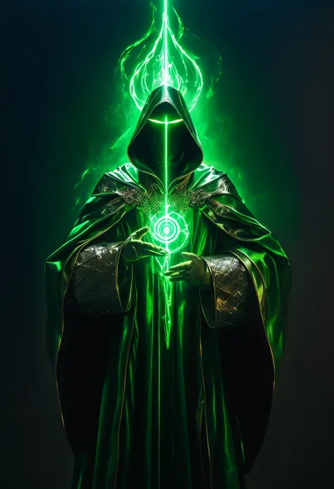 A metal mage in a green robe with hoodie, a futuristic metal wizard, caravaggio painting, intricate metal details, dramatic chiaroscuro lighting, glowing green energy, photorealistic, cinematic composition, ultra-detailed, 8K, best quality, masterpiece