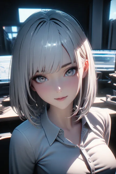 (8K, best quality:1.3),  unreal engine, soft lighting, A gaze that captivates the viewer, portrait, (very short silver-white hair), detailed hair, straight bob hair, cute face, glowy skin, beautiful breasts, business suit, dress shirt, office,