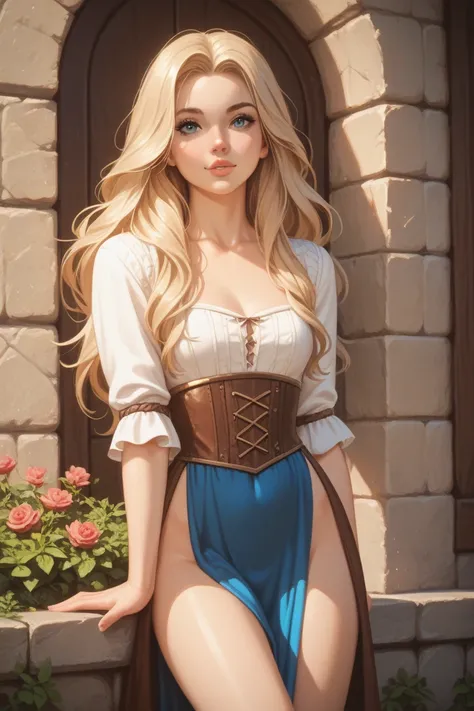 1girl, cute, young woman, adult, blonde hair, medium-long hair, slim body, nice body, nice chest, lips, mage, fantasy, RPG, slim body, fit body, medieval cloth clothing