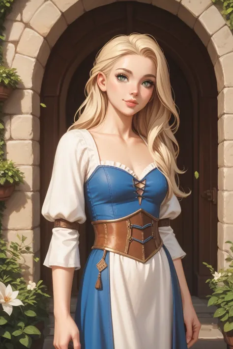 1girl, cute, young woman, adult, blonde hair, medium-long hair, slim body, nice body, nice chest, lips, mage, fantasy, RPG, slim body, fit body, medieval mage clothing