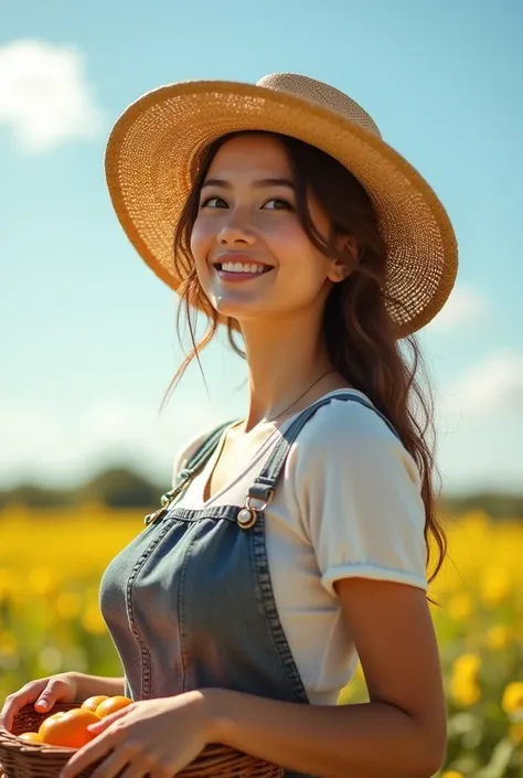 1girl,gal,large breasts,(best quality,absolutely resolution,ultra detailed,masterpiece),(photo realistic),8K,(detailed face),delicate realistic skin texture,Beautiful woman in farmer attire, standing in a picturesque natural landscape, vibrant fields and b...