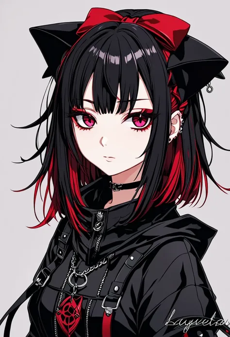 Ragazza anime goth con capelli a caschetto neri occhi rossi, giacchetto nero 