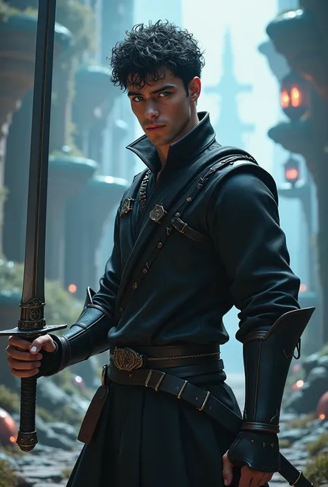 Take a picture for me with a sword in a black uniform in his hand,slim muscular physique with 8 cubes, about a man with dark curly hair ,  about a 25 year old man with blue eyes, into a fantasy world 